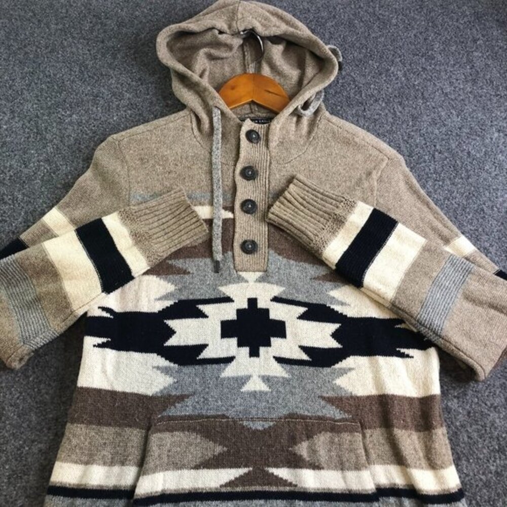 American Eagle Hoodie Mens Small Brown Aztec Pullover Long Sleeve Sweatshirt